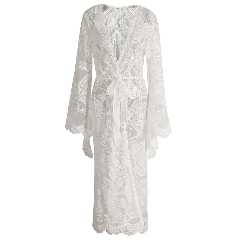 2019 Flare Sleeve Sexy Lace Long Kimono Cardigan Beach Boho Shirts Womens Tops and Blouses Autumn Outwear Summer Sundress T200321