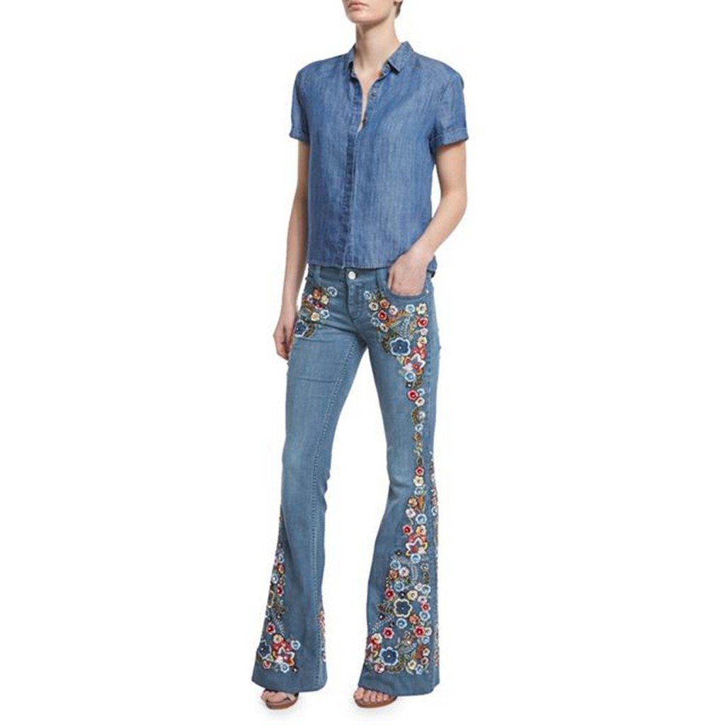 Women Mom Flare Jeans Vintage Embroidery Floral Print Button Waist Bell Bottom Denim Pants Women Casual Boyfriend Jeans 201012