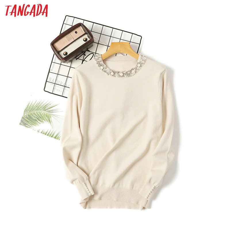 Tangada Autumn Winter Women Beaded Neck Sweater casaco feminino elegant lady sweater Jumper Casual Warm pull femme AQX11 201130