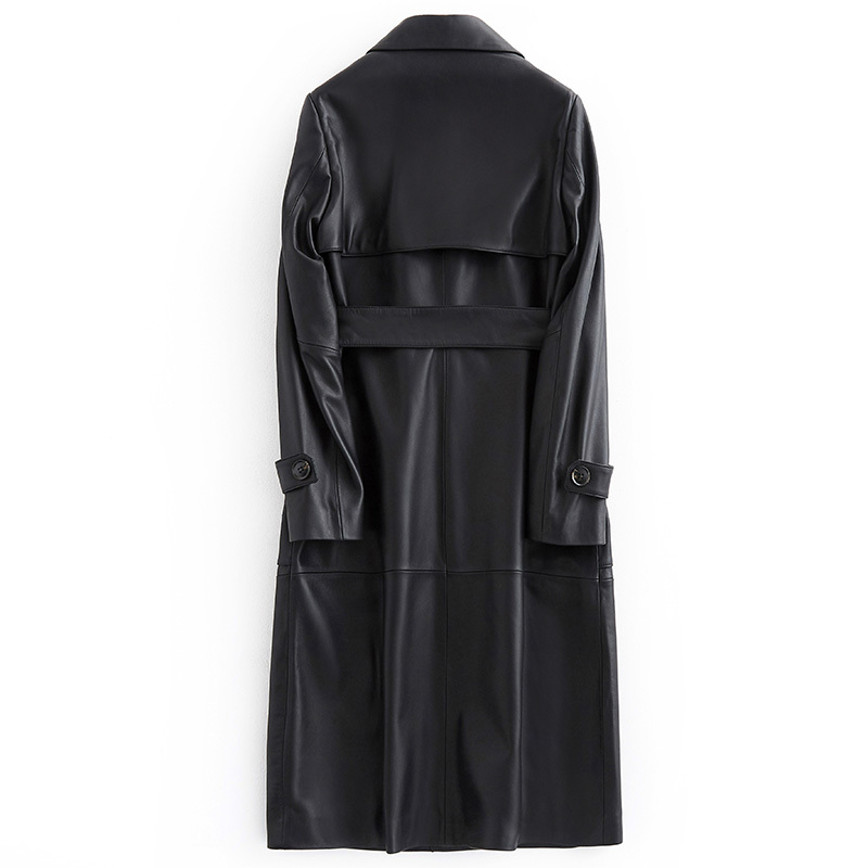 Nerazzurri black long leather trench coat women with belt turn down collar spring faux leather coat leather clothes for women 210201