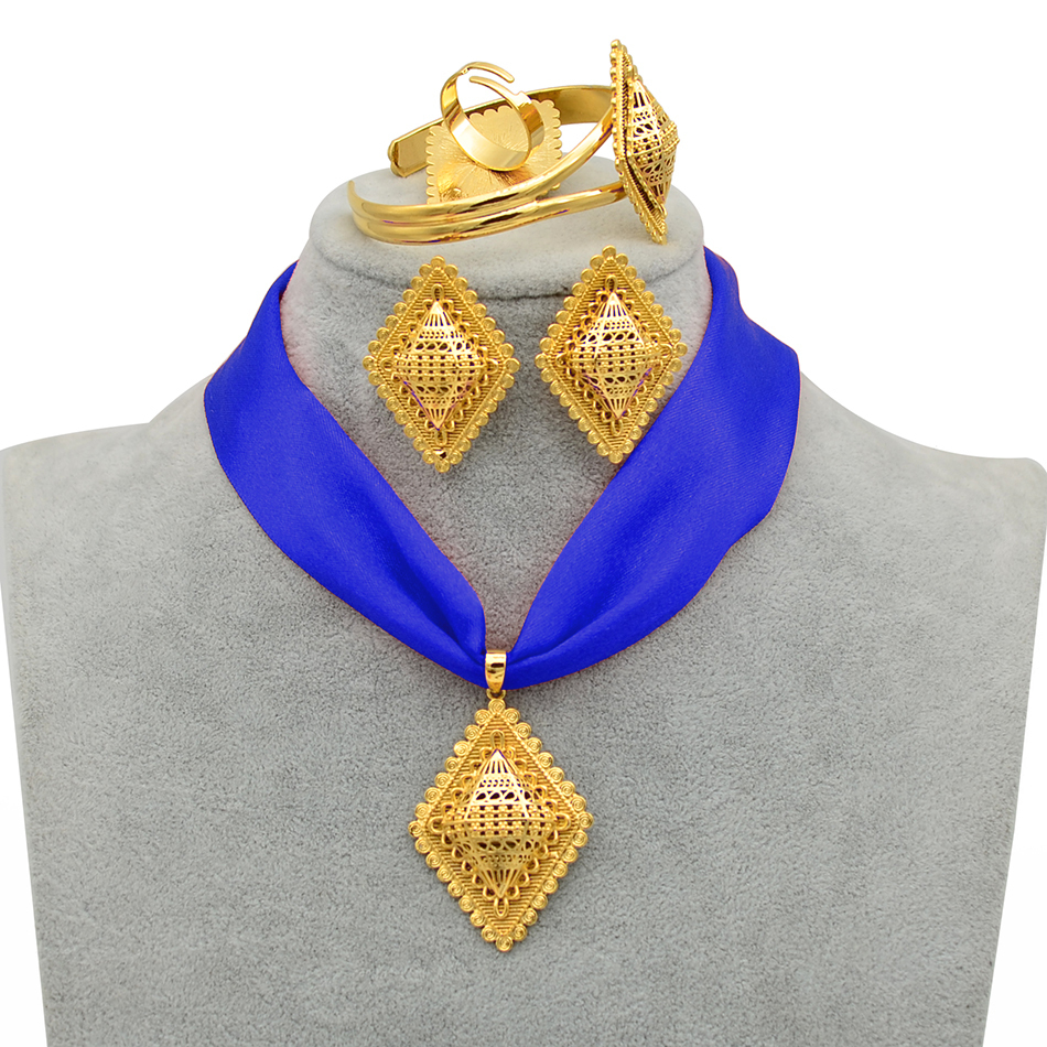 Anniyo DIY Rope Ethiopian Jewelry set Pendant Necklaces Earrings Bangle Ring Gold Color Eritrea Habesha Jewellery Sets #218406 201222