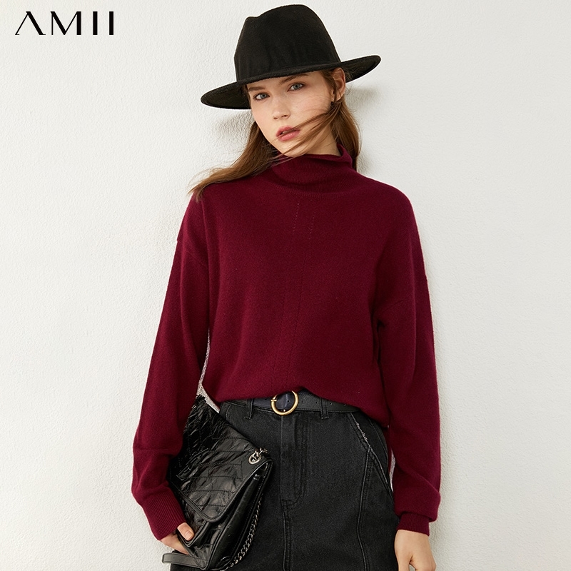 Amii Minimalism Winter Causal Women's Sweater Fashion 100Cashmere Solid Loose Women's Turtleneck Sweater Female Tops 12041006 201017