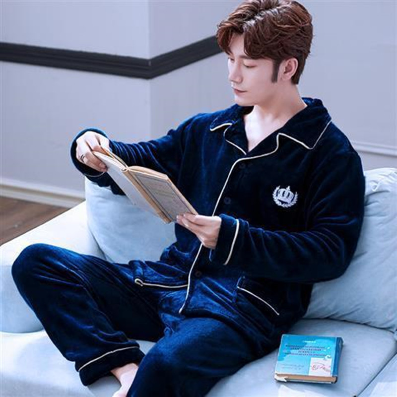 Man Casual Homewear Warm Sexy Stripe Solid Color Pajamas Winter New Fashion Thick Flannel Father Sleepwear 201109