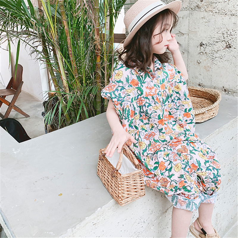 Girl Cotton Jumpsuit Shredded Flower Korean Kids Loose Jumpsuit Clothes 3-8 Yrs Old Children Clothing Short Sleeve Baby Rompers Y1221