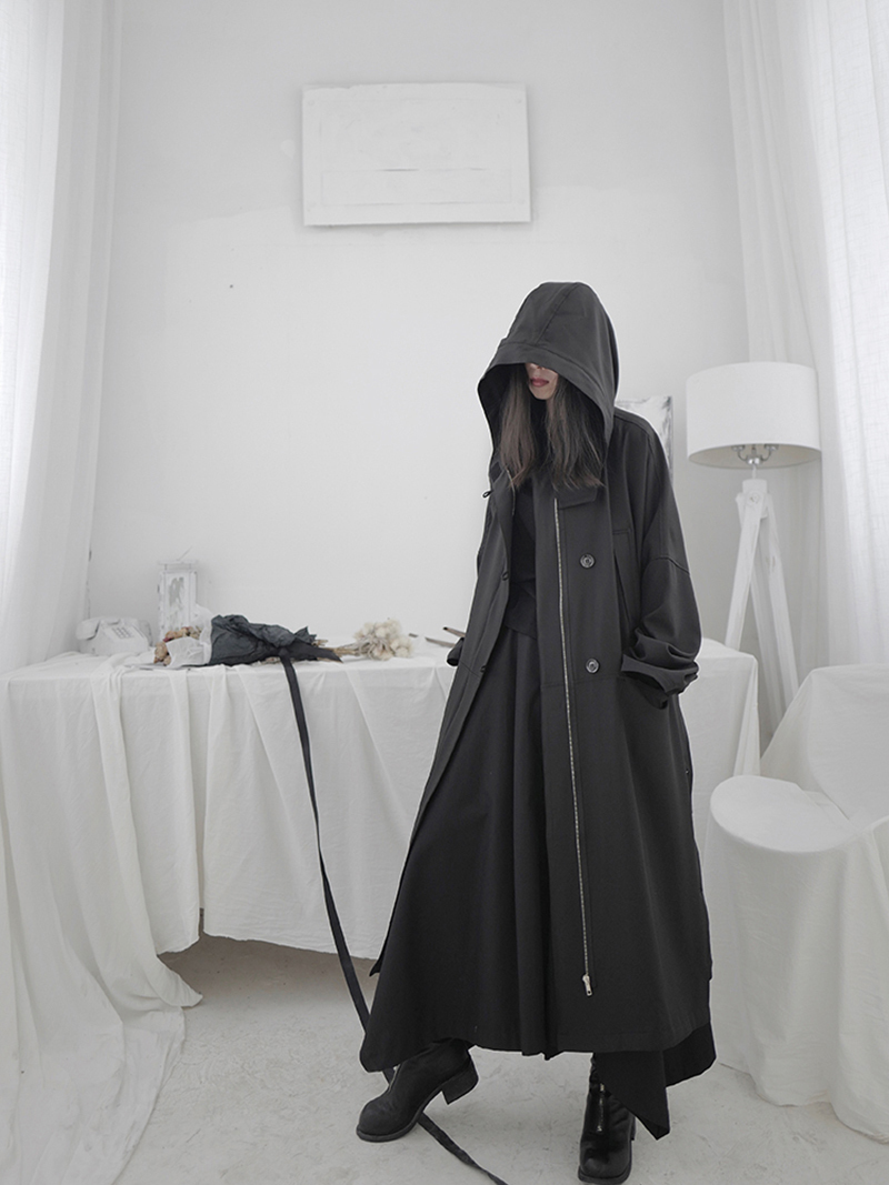 EAM Loose Fit Black Vent Split Joint Big Size Long Jacket Hooded Sleeve Women Coat Fashion Spring 1S662 201017
