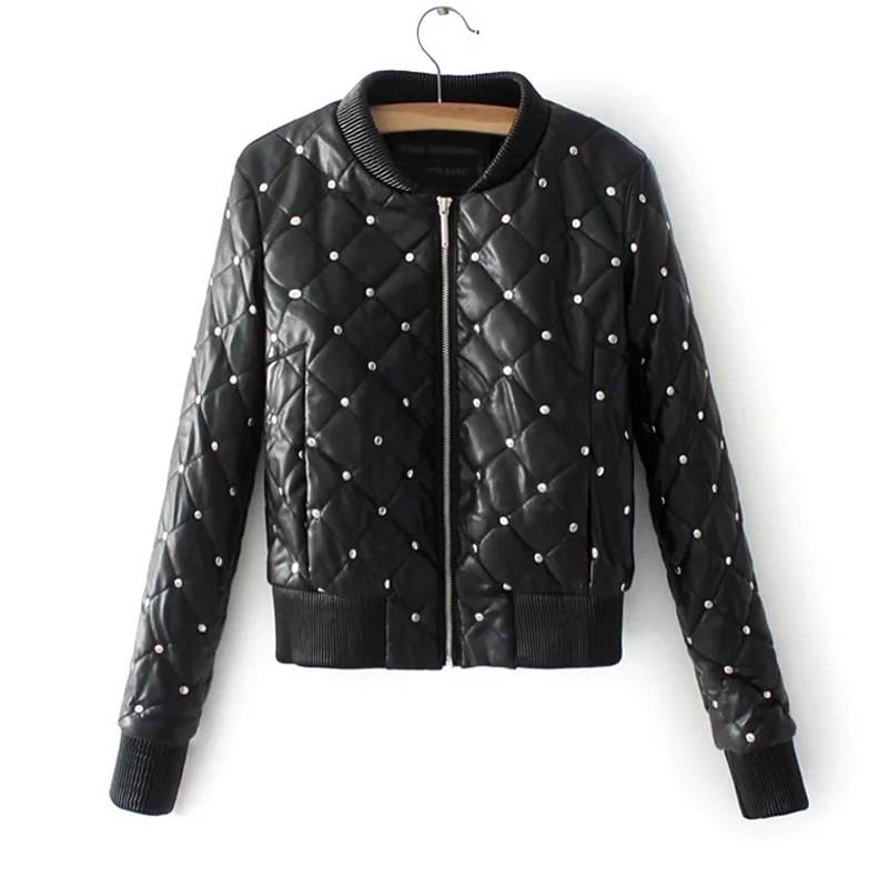 Autumn Winter Women Thicke Cotton Pu Leather Coat Street Black Short Outerwear Rivets Faux Soft Leather Jacket 201030
