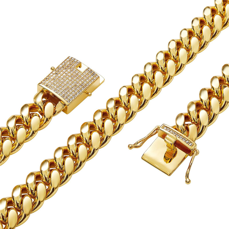 14mm 18-30inch Women Fashion Stainless Steel Chain Necklace Yellow Gold Color Bracelet Men Hip Hop Rock Jewelry