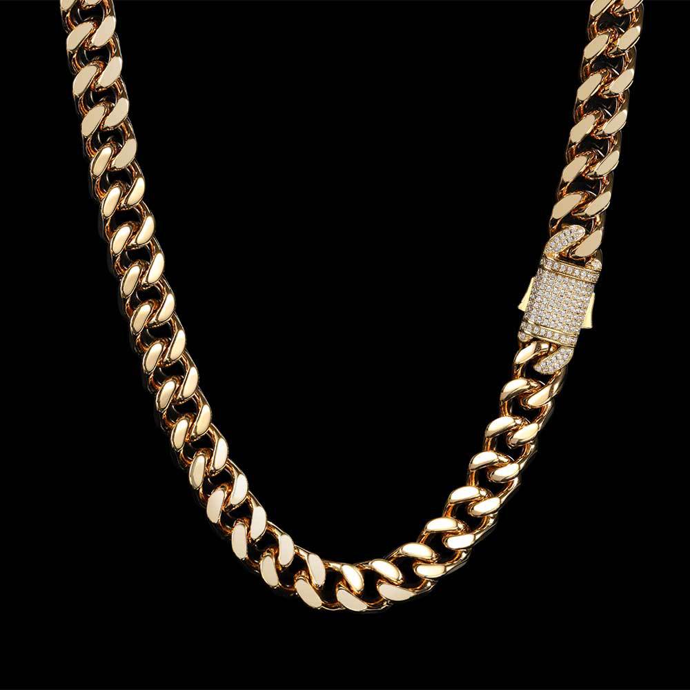 Stainless Steel Jewelry Hip Hop Necklace Micro Inlay Zircon Spring Buckle Four Sides Polished Cuban Chain Necklace