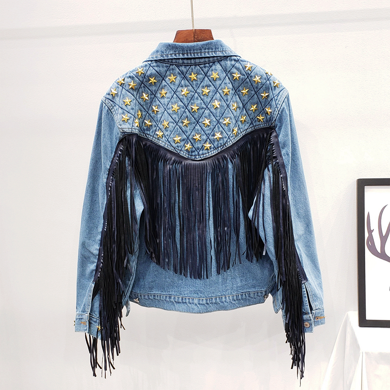 Denim Women Jacket Autumn New Spring Vintage Star Rivet Suede Fringe Loose Coat Long Sleeve Outerwear Female Boho Jacket 201007