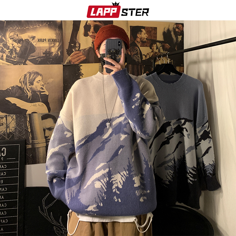 LAPPSTER Japanese Streetwear Men Tie Dye Wool Sweater Autumn Pullover Mens Hip Hop Knitted Sweaters Couple Vintage Sweaters 201221