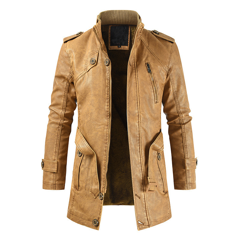Men Winter Thick Fleece Leather Jacket Coat Long Outwear Fashion Warm Casual Vintage Clothing for Male Steampunk Biker Jacket 201119wtt