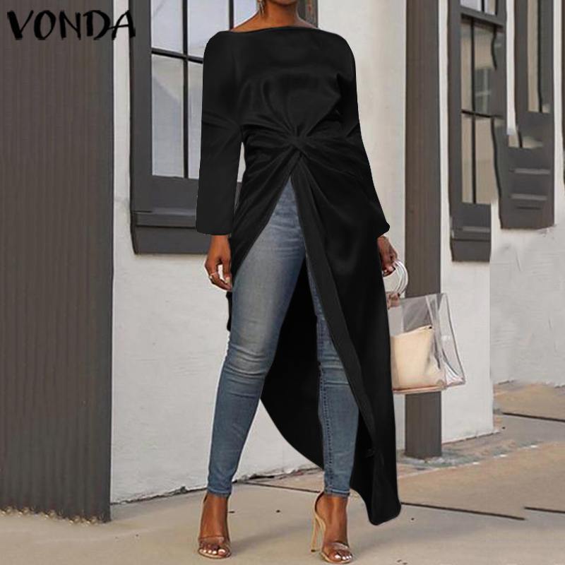VONDA Asymmetrical Tops Women Long Sleeve Sexy Split Hem Blouse 2019 Autumn Long Shirts Cocktail Party Tops Plus Size Vestidos T200321