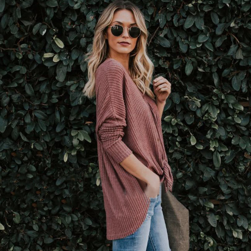 Women Autumn Blouse Waffle Button Up Front Bow Oversize Loose Knit Blouse Shirt Tops Women Blusas Fall New T200320