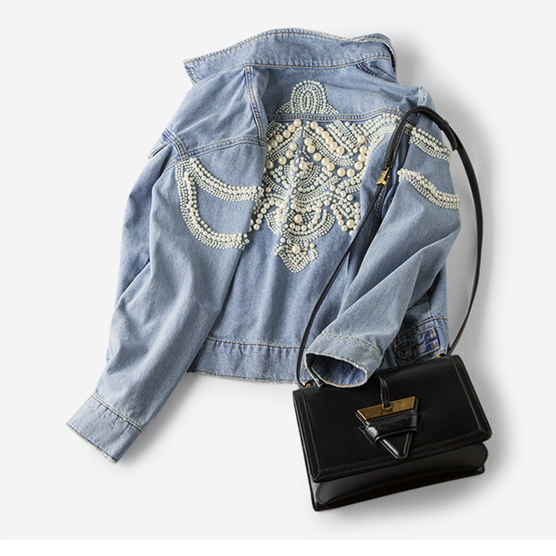 Pearls Embellished Denim Jacket for Women Light Blue Vintage Jacket Coat Bead Embroidery Autumn Winter Outwear 201112