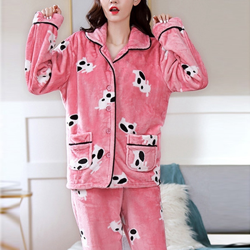 Muyogrt Winter Pajamas Set Women Sleepwear Warm Flannel Long Sleeves Pajamas Pink Cute Animal Homewear Thick Home Suit 201027