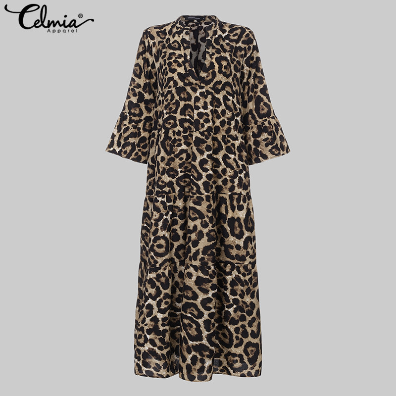 Bohemian Women Sexy Leopard Print Dress Celmia Autumn Flare Sleeve Loose V Neck Pleated Maxi Long Vestidos Robe Plus Size T200416