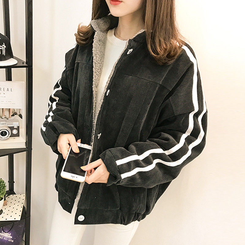Vangull Women Jacket Winter New Cotton Lamb Velvet Thick Coat 2019 Autumn Casual Female Long Sleeve Side Striped Loose Outerwear T200111