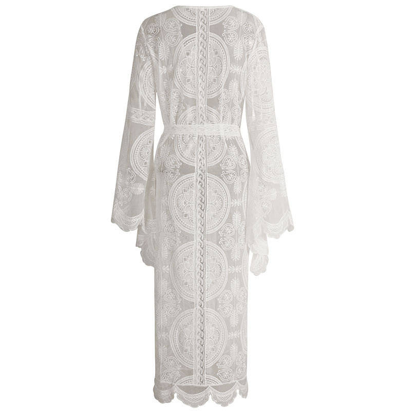 2019 Flare Sleeve Sexy Lace Long Kimono Cardigan Beach Boho Shirts Womens Tops and Blouses Autumn Outwear Summer Sundress T200321