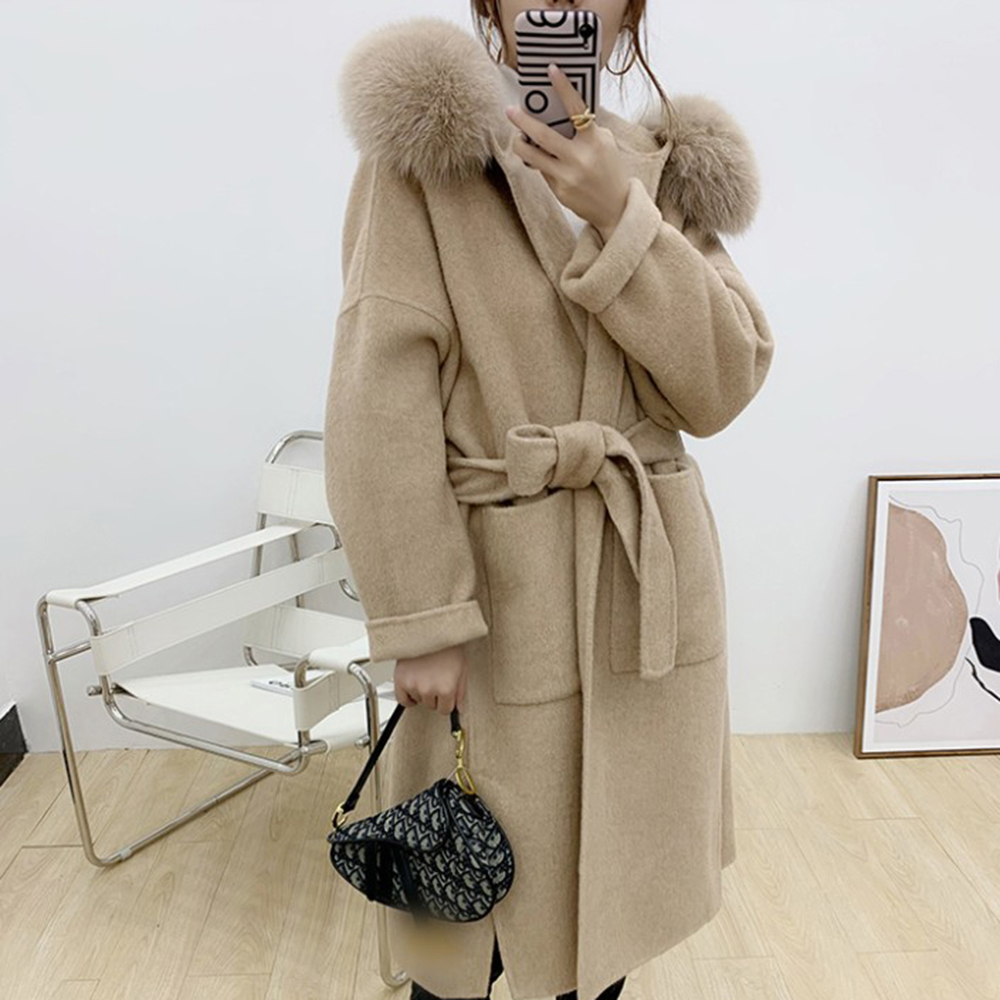 JAZZEVAR winter Casual Women long Real Fox Fur jacket Cashmere double faced Wool Outerwear Ladies oversized hooded coats 201221