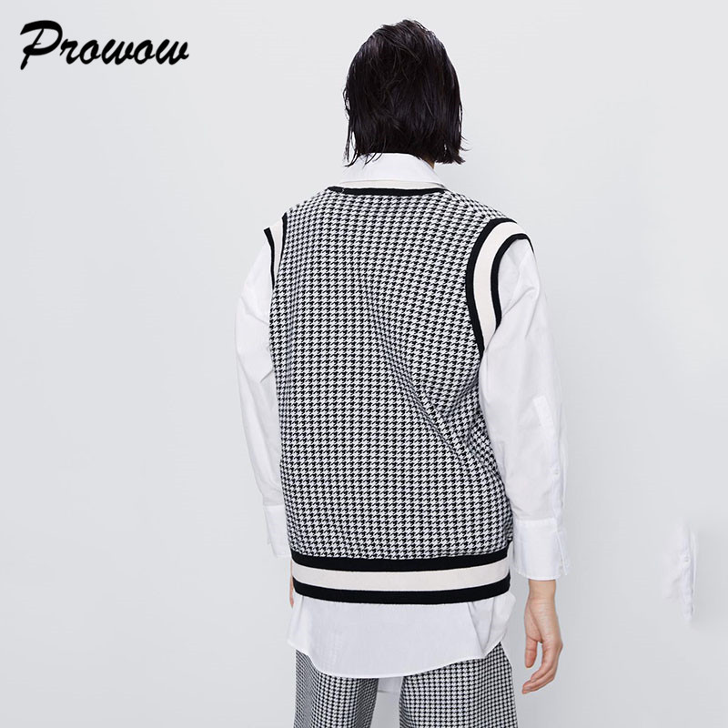 Fashion V-neck Knit Sweater Women Pullover Tops Sleeveless Houndstooth Plaid Knit Sweater Female Casual Sweater Lady Streetwear LJ201203