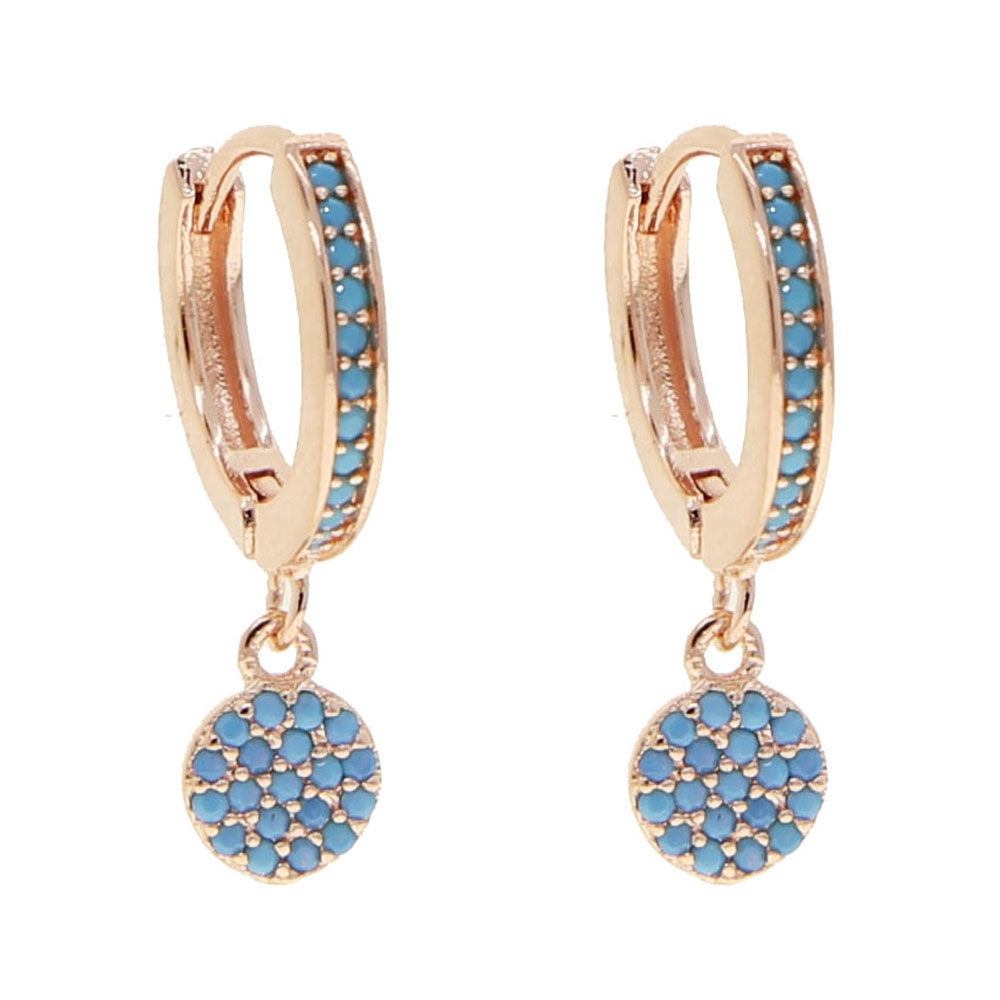 Geometric Round Dots Disco Charm Hoop Earring Rose Gold Color Blue Opal Micro Pave Blue Stone Studs Fashion Women Jewelry Gift