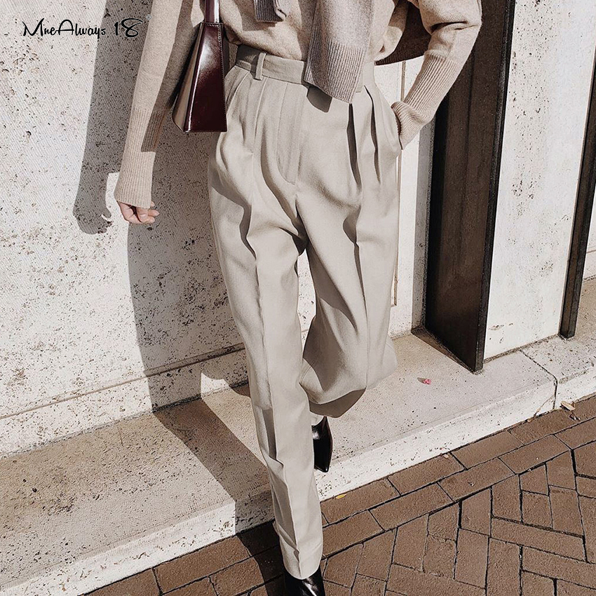 Mnealways18 Straight Vintage Pleated Office Pants Women High Waist Long Trousers Elegant Summer Pants Ankle-Length Trousers 201228