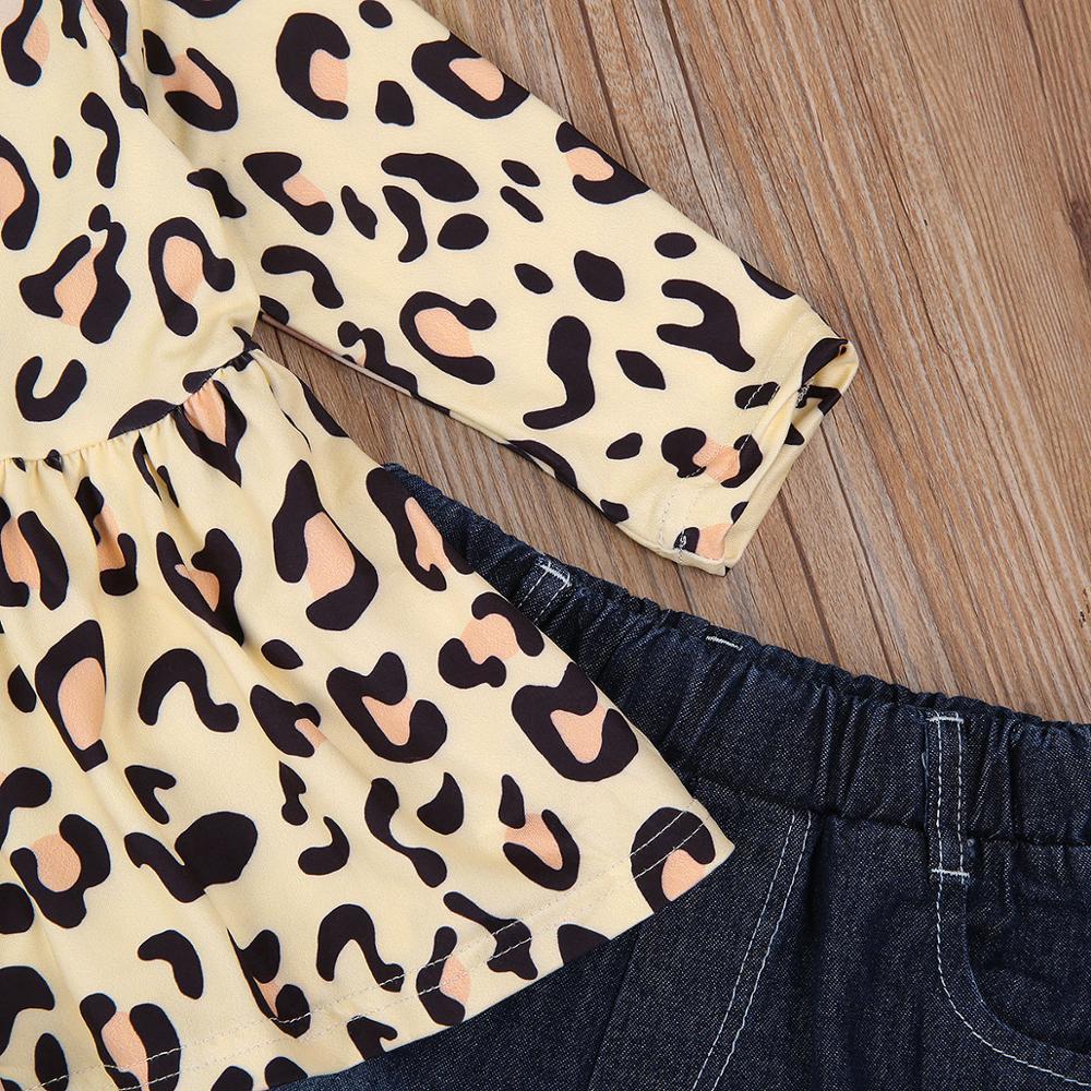 ZWF433 Girls Beige Leopard Printed Pattern Long Sleeve Round Collar Top + Long Jeans Set Kids Outfits Set For Kid Girl 3-10YearsX1019