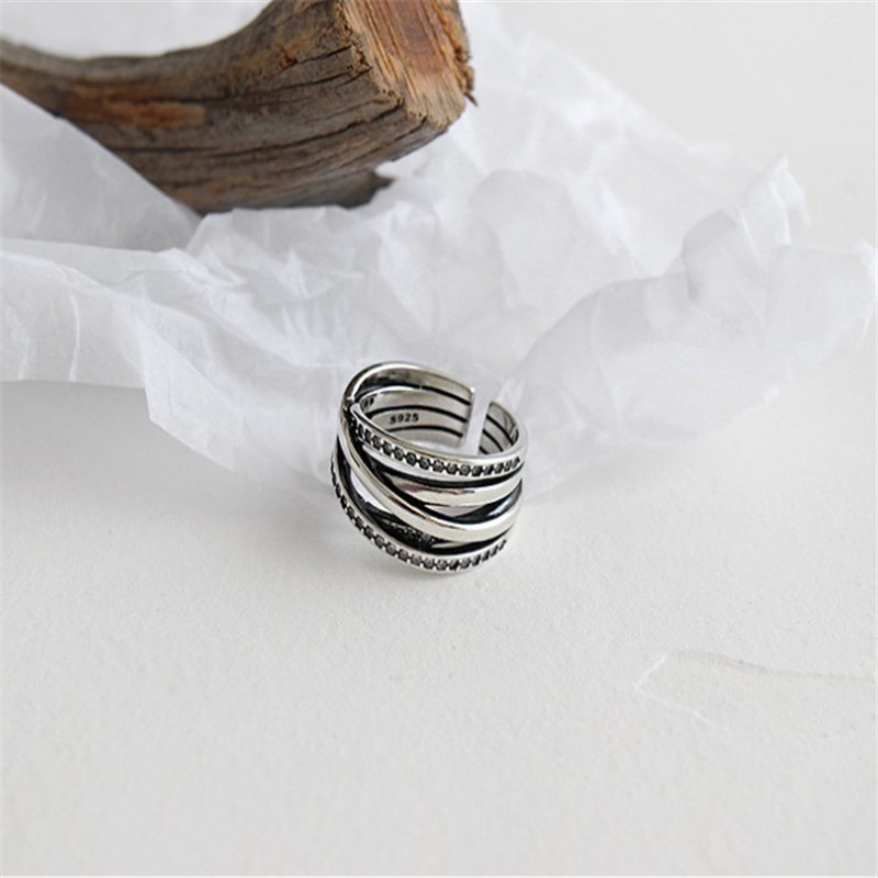 925 Sterling Silver Open Size Rings Vintage Silver CZ Zircon Multi Layer Ring For Women Handmade Finger Ring