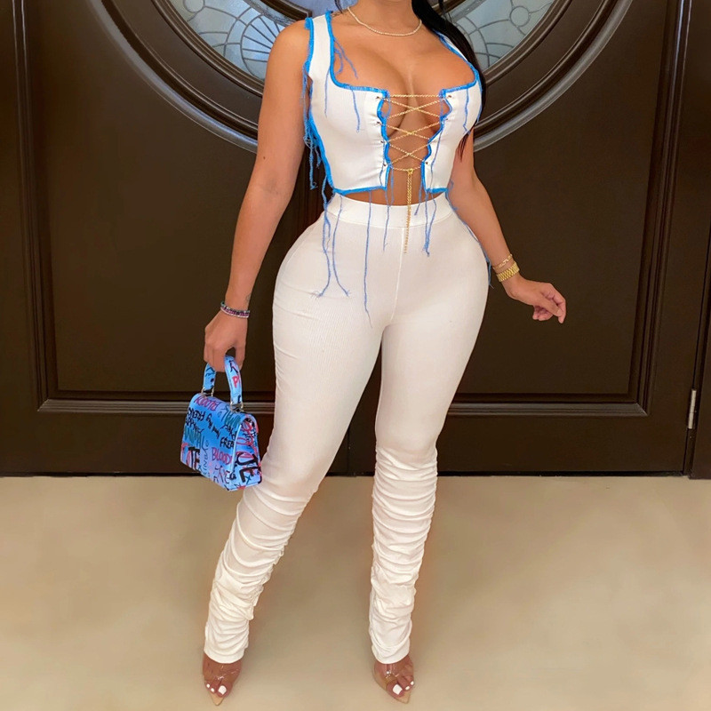 Ribbed Lace Up Sleeveless Co-ord Sets Tank Top And Stacked Pants Fall 2020 Women Clothing Sexy Club Two Piece Outfits, White
Ribbed Lace Up Sleeveless Co-ord Sets Tank Top And Stacked Pants Fall 2020 Women Clothing Sexy Club Two Piece Outfits, White