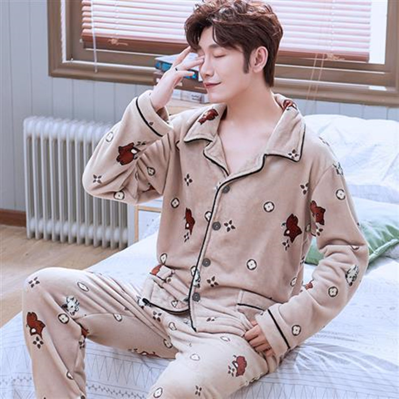 Man Casual Homewear Warm Sexy Stripe Solid Color Pajamas Winter New Fashion Thick Flannel Father Sleepwear 201109