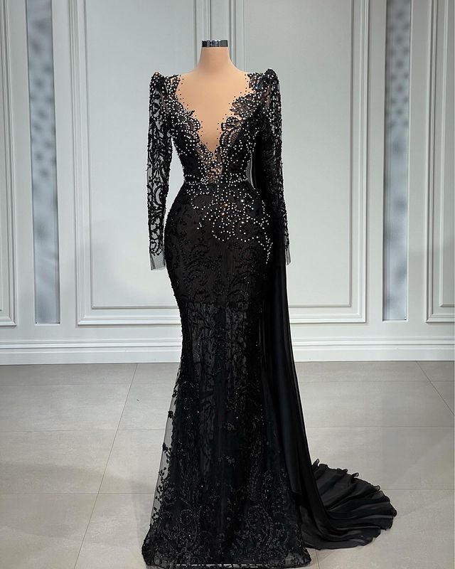 Plus Size Arabic Aso Ebi Black Mermaid Luxurious Prom Dresses Beaded Crystals Evening Formal Party Second Reception Birthday Engagement Gowns Dress ZJ