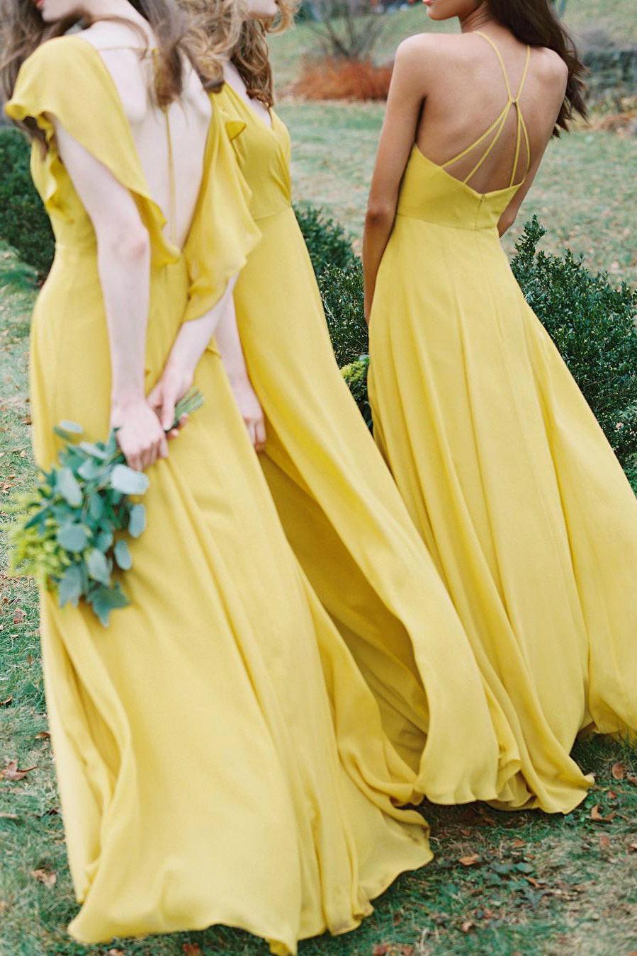 Yellow Bridesmaid Dresses Halter Chiffon Custom Made A Line Short Sleeves Maid Of Honor Gown Country Beach Wedding Party Vestidos Formal Ocn Wear