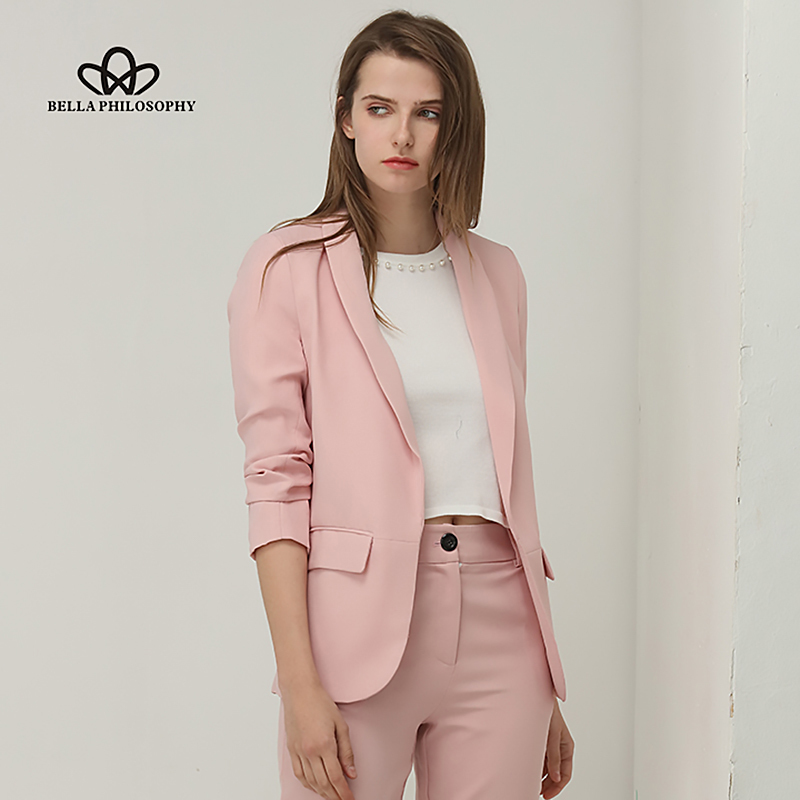 Bella Philosohy Spring Fashion Yellow Blazer Suit Women OL Puff Sleeve Workwear Blazer Three Quarter Ladies Outwears Pink Blue 201201
