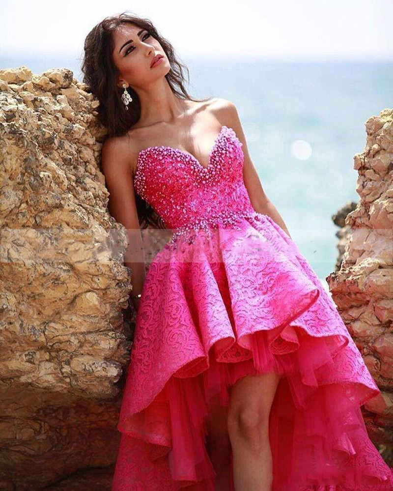 Fuchsia Beach High Low Full Lace Wedding Dresses Sweetheart Beaded Pearls Modern Bridal Wedding Gowns Short Elopement Engagement Dress