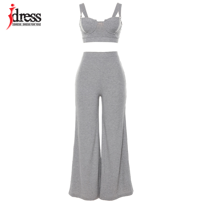 iDress Women Sexy Knitted Two Piece Sets Knitted Suit Outfit Gray White Summer 2 Piece Set Women Crop Top and Wide Leg Pants Set T200821