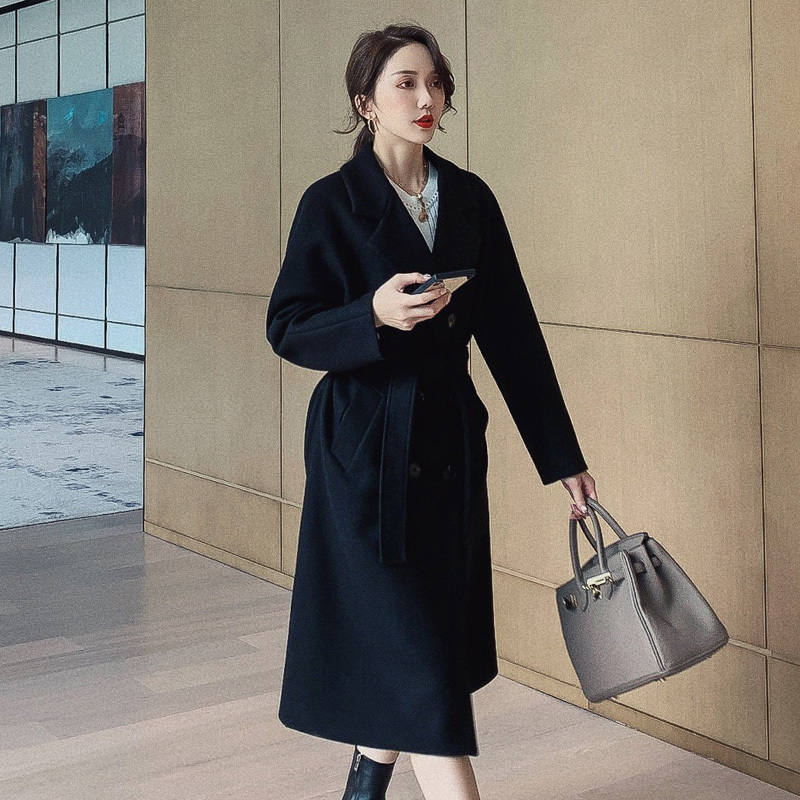 Autumn Winter Women's Jacket Casual Wool Blend Trench Coat Double Breasted Long With Belt 201222