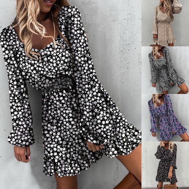 2020 Winter Long Sleeve Square Collar Floral Dress Women Casual Ruffle A Line Print Dress Slim Female Boho Mini Party Vestidos, Purple 
2020 Winter Long Sleeve Square Collar Floral Dress Women Casual Ruffle A Line Print Dress Slim Female Boho Mini Party Vestidos, Purple