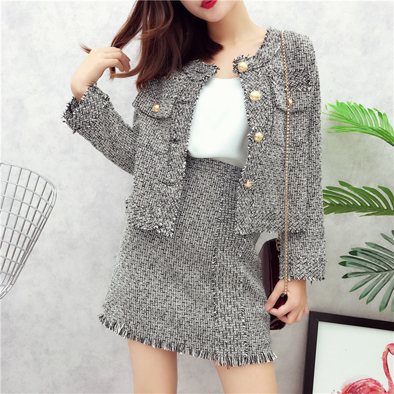 Autumn Winter Runway Tweed Suit Set Womens Single Breasted Short Jacket Coat High Waist Tassels Bodycon Mini Skirt Suit 201102