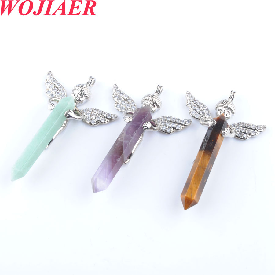 WOJIAER Natural Stones Pendant Long Sword Hexagonal Prism Cupid Angel Wings for Necklaces Crystal Women Men Jewelry DBO907