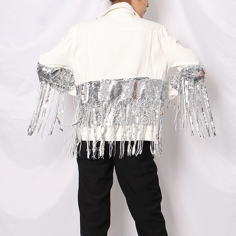 TWOTWINSTYLE Patchwork Sequin Tassel Jacket For Women Lapel Long Sleeve Casual Oversized Jackets Female Fashion Style 201029