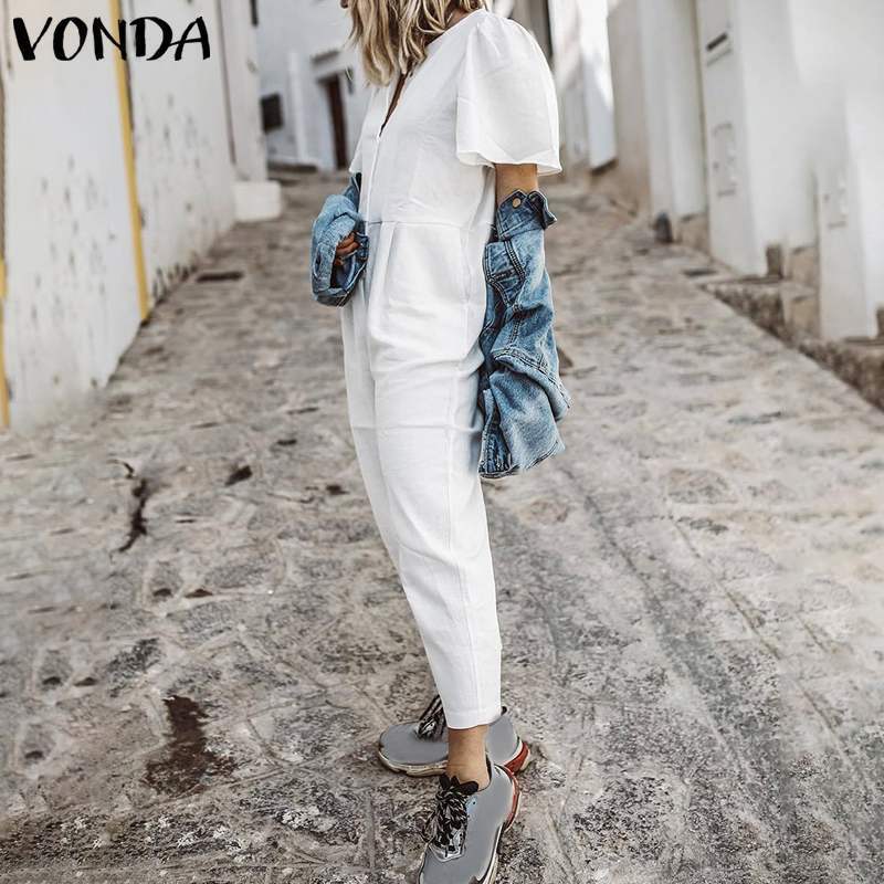 2019 VONDA Women Jumpsuit Summer Romper Sexy Short Sleeve Button Straight Playsuit Casual Cotton Playsuit OL Overalls Plus Size T200303