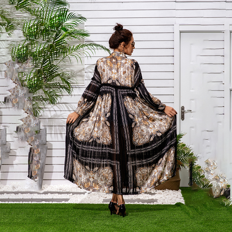 [EWQ] 2020 Summer New Pattern Lapel Long Lantern Sleeve Chiffon Print Patchwork Single Breasted Beach Style Dress Women LJ201202