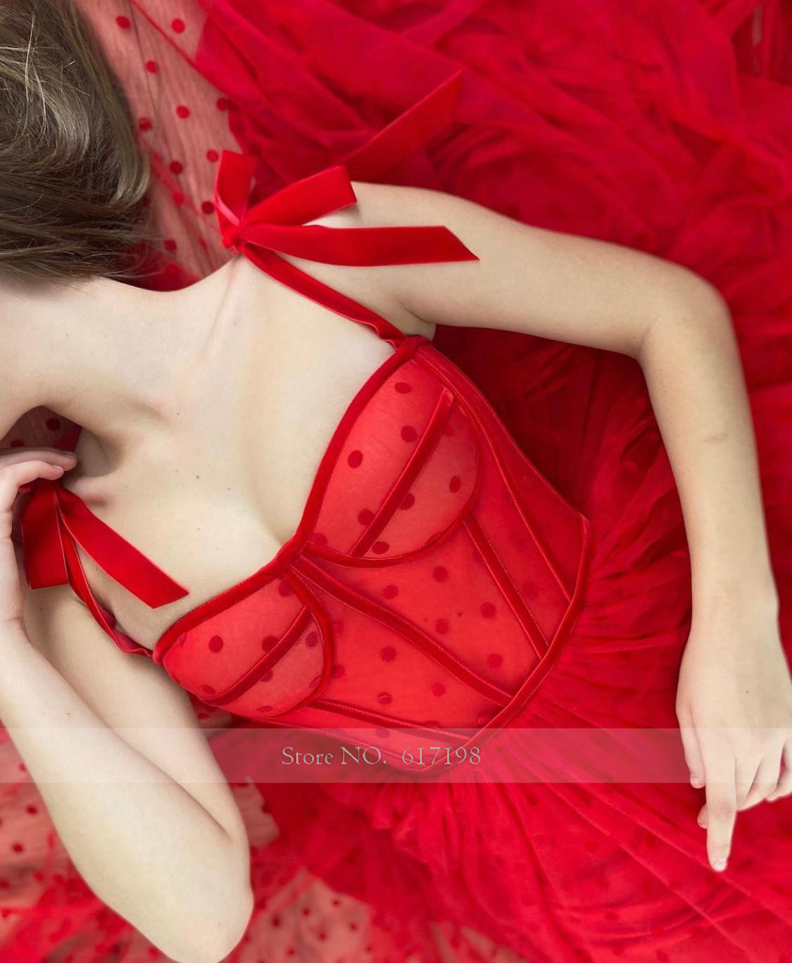 Sweetheart Bow Straps Zipper Pleats Tea Length Red Prom Dress A-Line Tulle Evening Dress