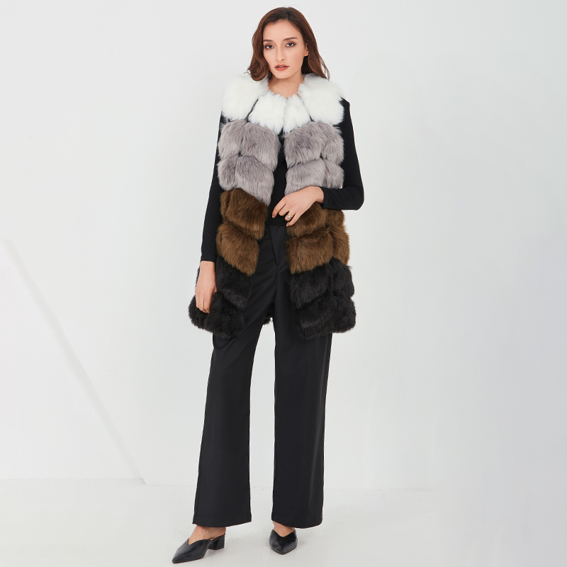 TWOTWINSTYLE Hit Color Fur Coat For Women O Neck Sleeveless Patchwork Loose Vest Coat Female Winter Fashion New Clothes 201211