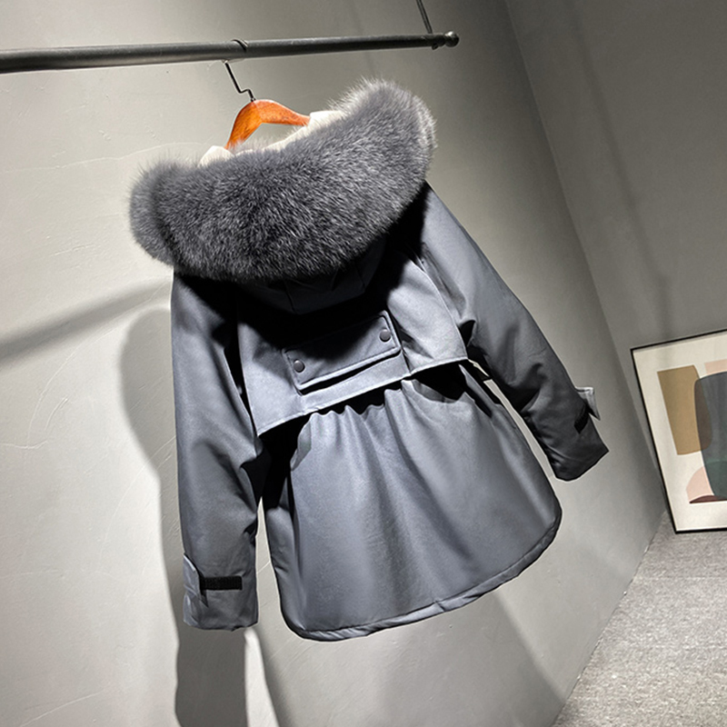 Fitaylor Winter Women Large Fur Collar Down Coat Thickness Warm Hooded 90% White Duck Down Parkas Sash Tie Up Outwear LJ201127