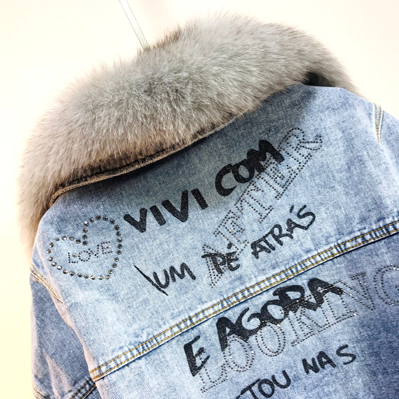 Winter New Women Warm Coat Real Fox Fur Collar Natural Rabbit Hair Liner Denim Jacket Slim Jean thick Outwear T200915