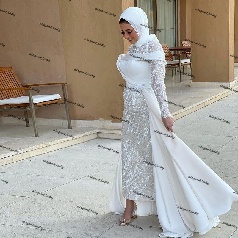 Ankle-length Muslim Mermaid Wedding Dresses with Detachable Train 2021 Jewel Neck Lace Stain Beaded Arabic Kaftan Bridal Dress