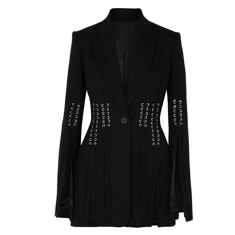 [EAM] Women Black Bandage Vent Stitch Blazer New Lapel Long Sleeve Loose Fit Jacket Fashion Tide Spring Autumn 1DB308 201201