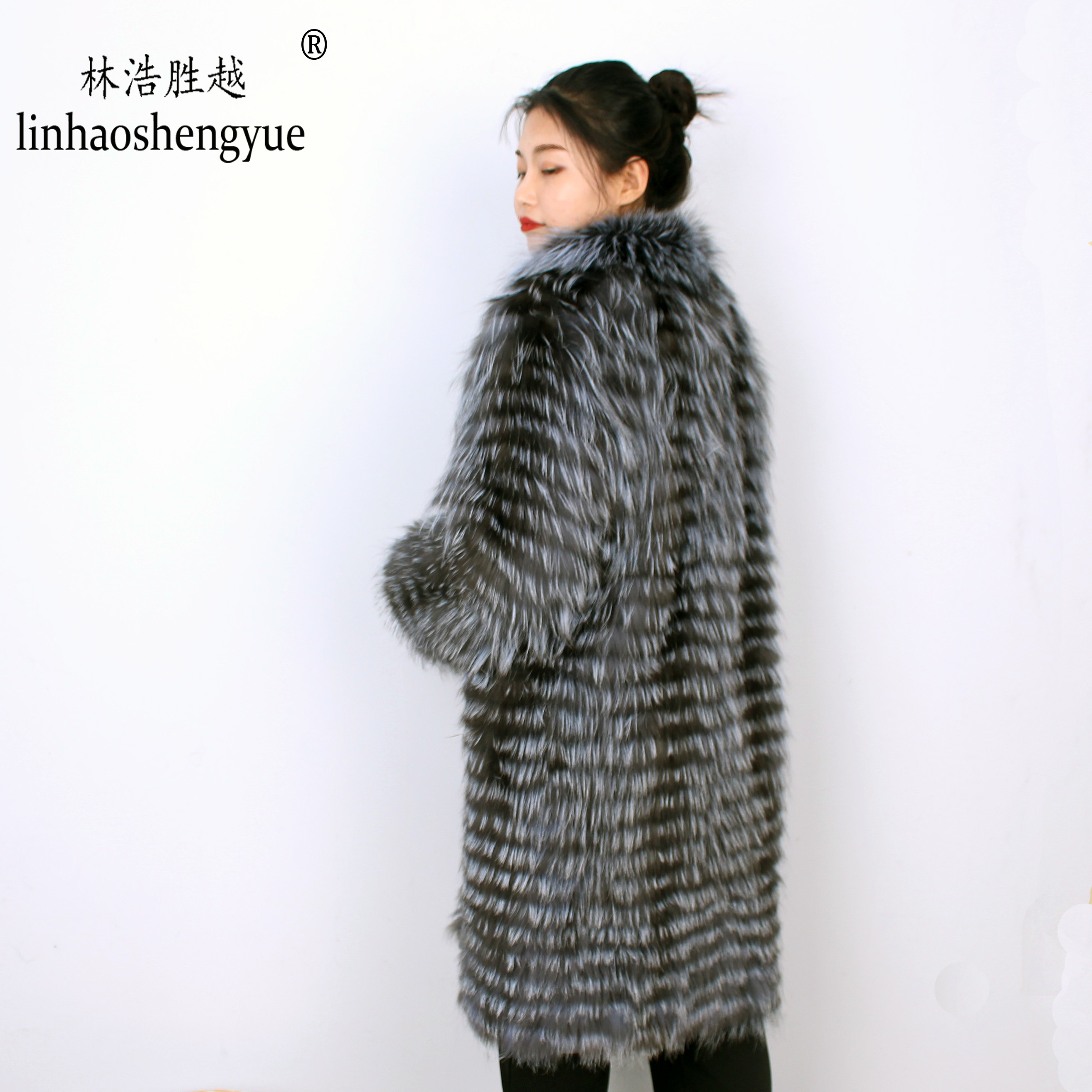 Linhaoshengyue NEW HOT Fox Fur Long Coat Wool Knit Liner With Stylish Stand Collar 201103