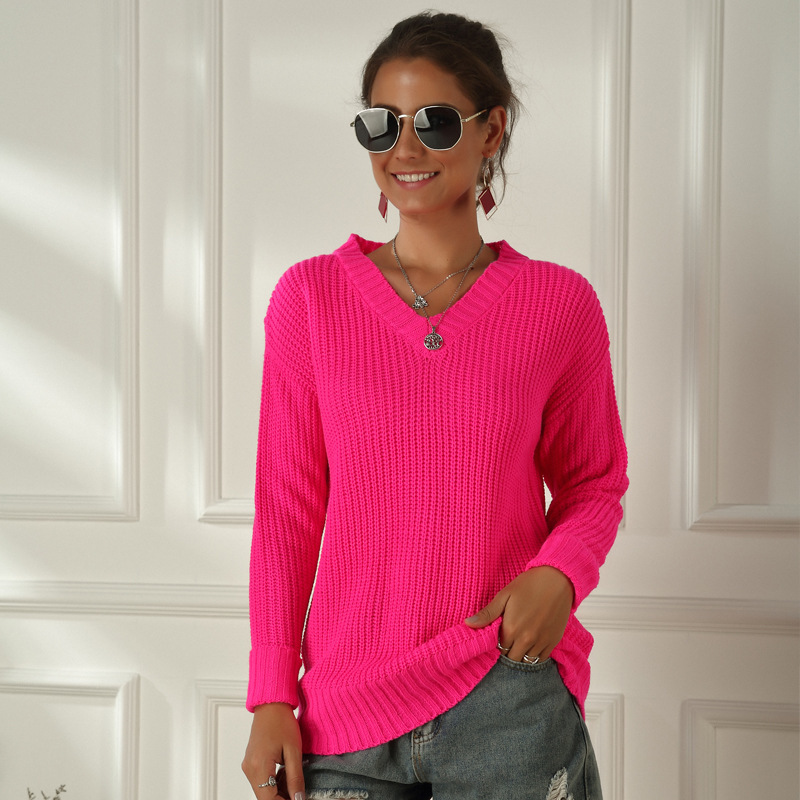Neon Sweater Women Knitting Green Fuchsia Pink Solid V-Neck Pullovers Long Casual Loose Acrylic Knit Shirts Female Jumper Tops 201224
